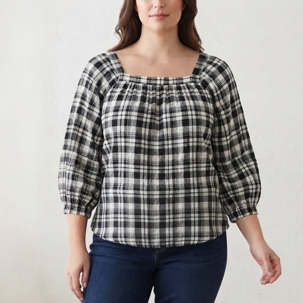 Chaps Plaid Seersucker Blouse L Black White Square Neck Puff Sleeve Cottagecore